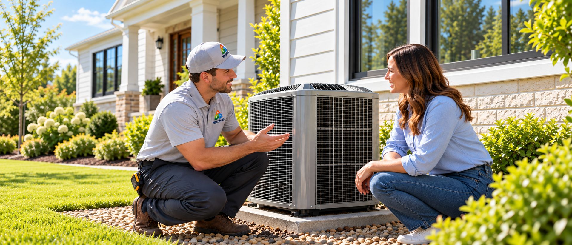 NextHVAC technician talking with a homeowner next to an outdoor AC unit