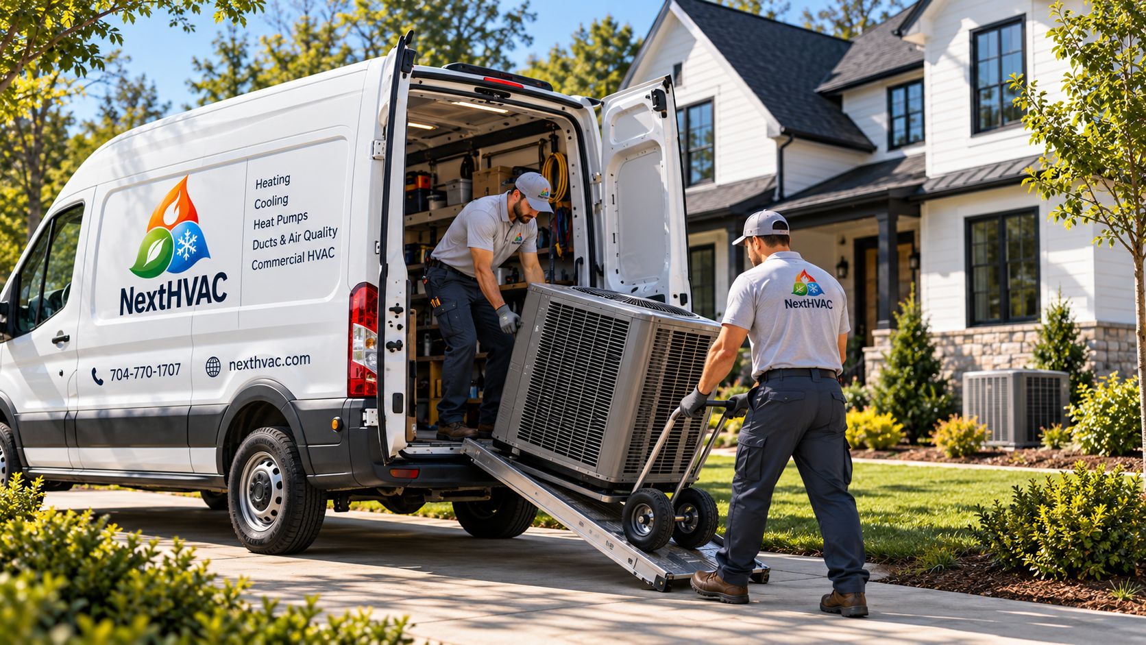 NextHVAC technicians unloading a new air conditioning unit from a service van